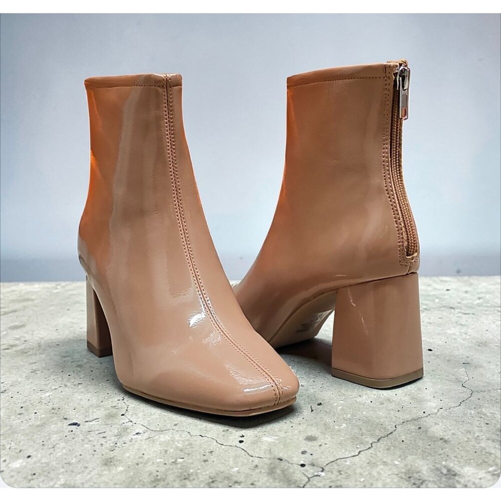 Camel Patent Leather Square Toe Block Heel Ankle Boots With Back Zipper Closure